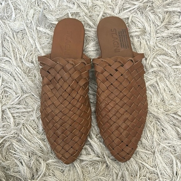 NWOB St. Agni Paris Leather Woven Almond Toe Slip-On Mules Vintage Tan Sz 36 5.5 - Picture 13 of 15